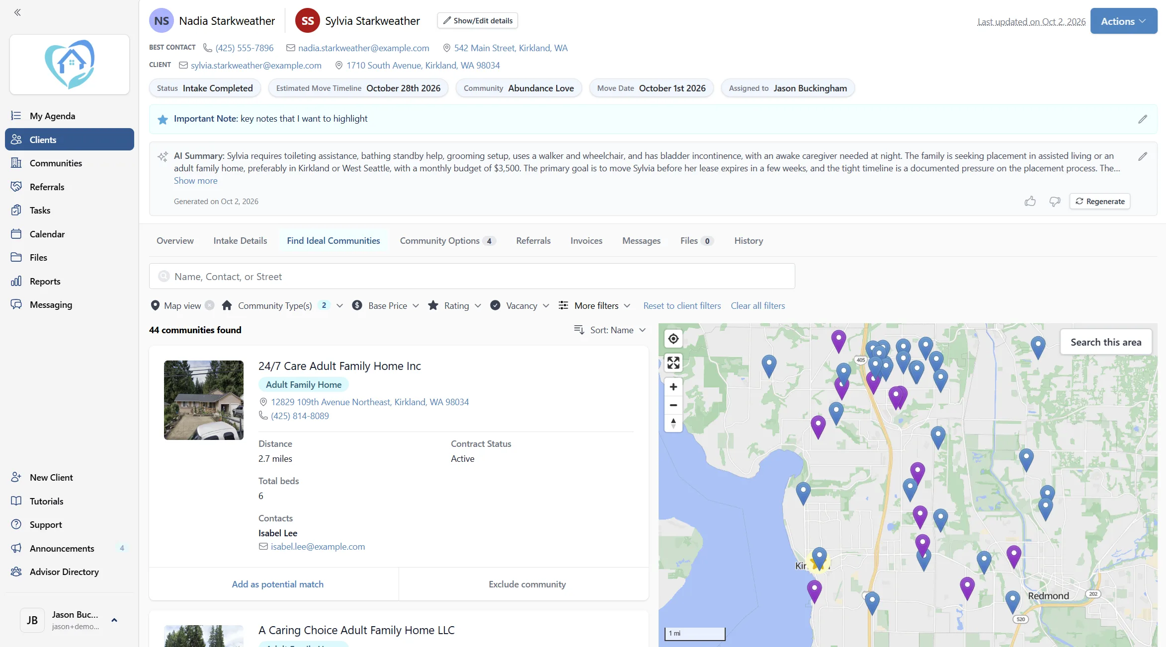 Senior Place senior living community search and client matching map