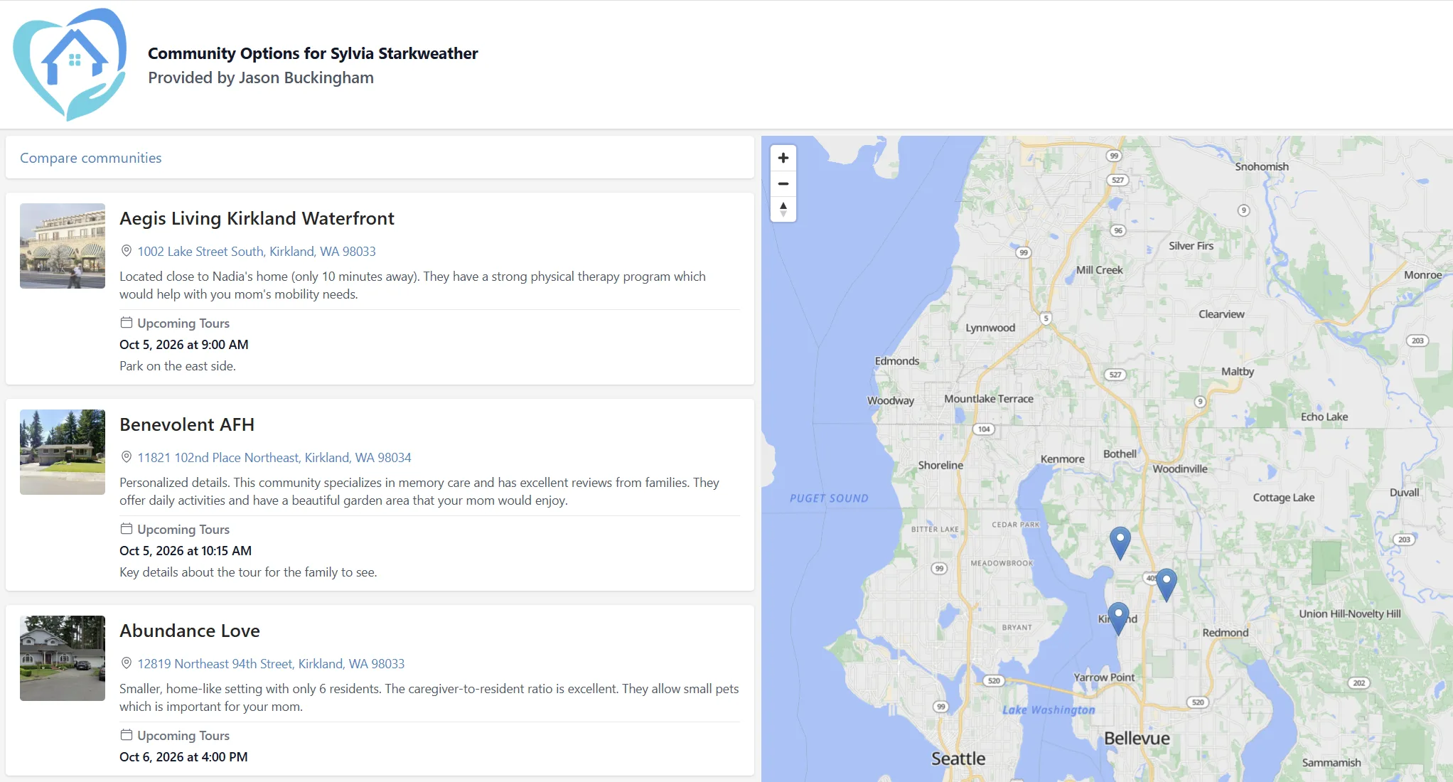 Senior Place family-facing senior living community options with interactive map