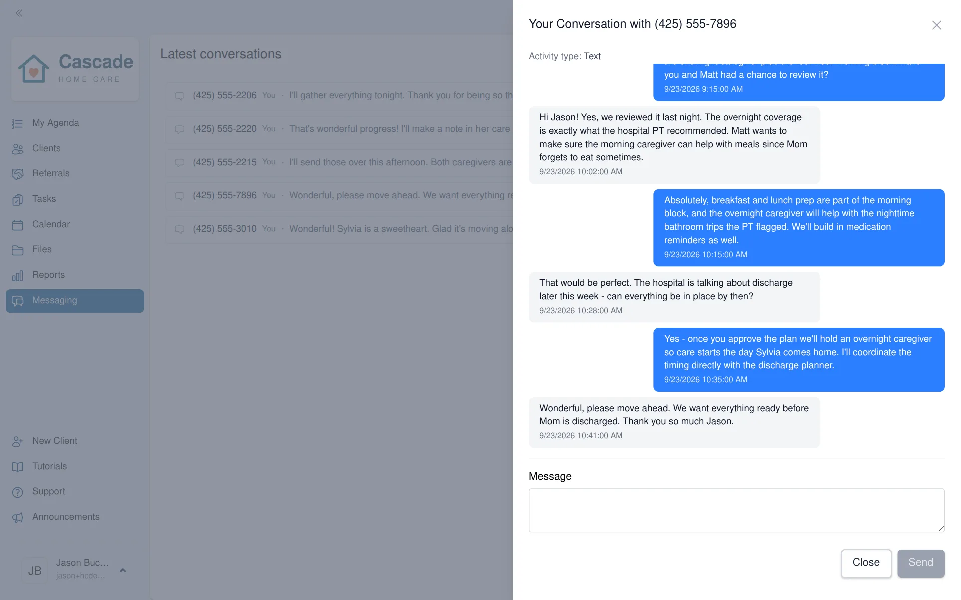 A text conversation with a client's family in Senior Place